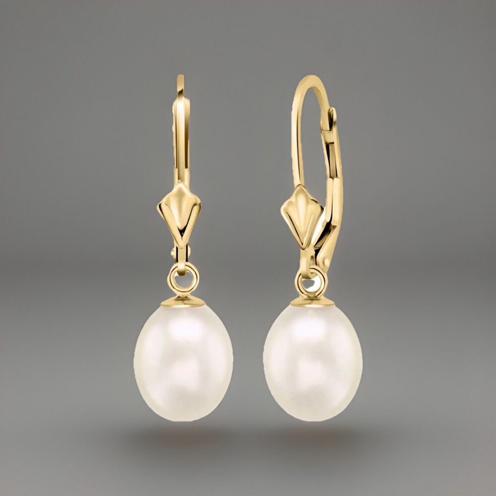 New 14K Gold Peora Cultured Freshwater 8mm Pearl Drop Lever-back Earrings